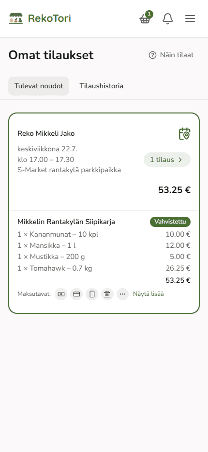 Esimerkki asiakkaan tilauksista ja noudosta puhelimessa