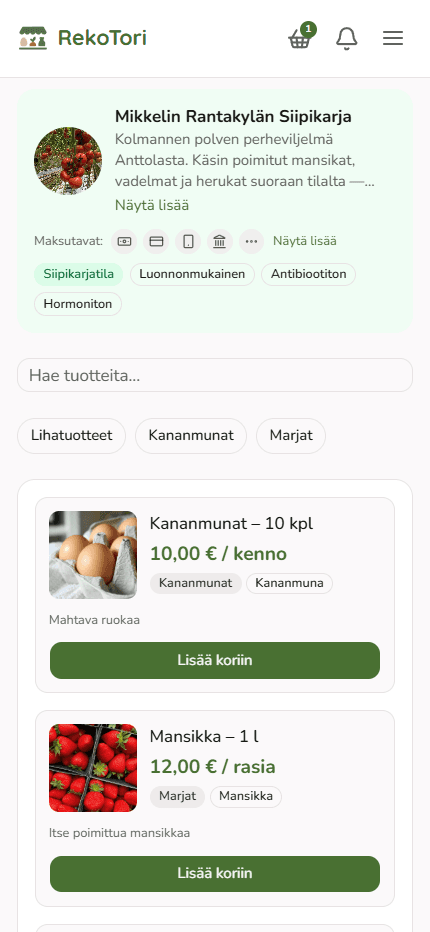 Esimerkki tuottajan tarjontasivusta puhelimessa