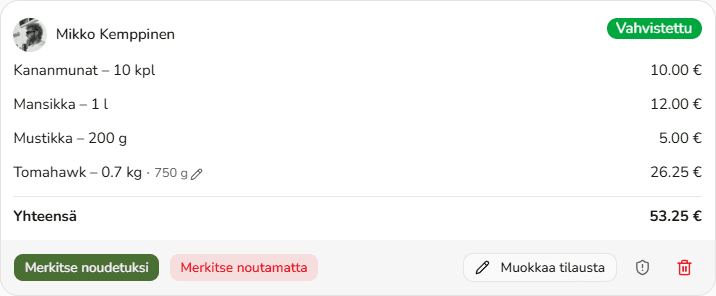Esimerkki asiakastilauksesta vahvistus- ja noutotoiminnoilla